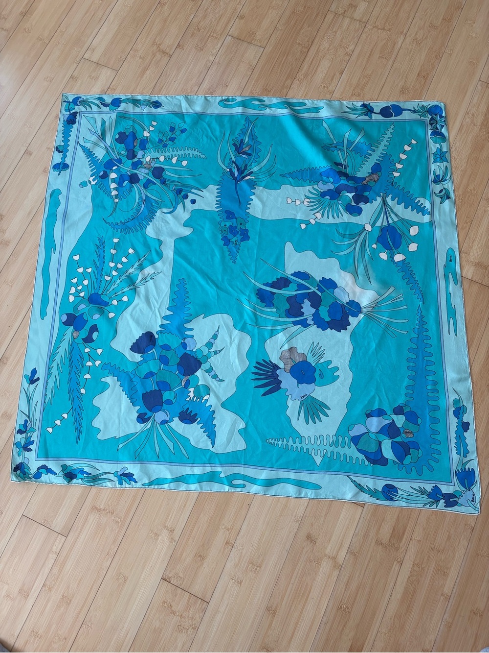 Vintage Bessi Turquoise Blue Floral Silk Blend Scarf